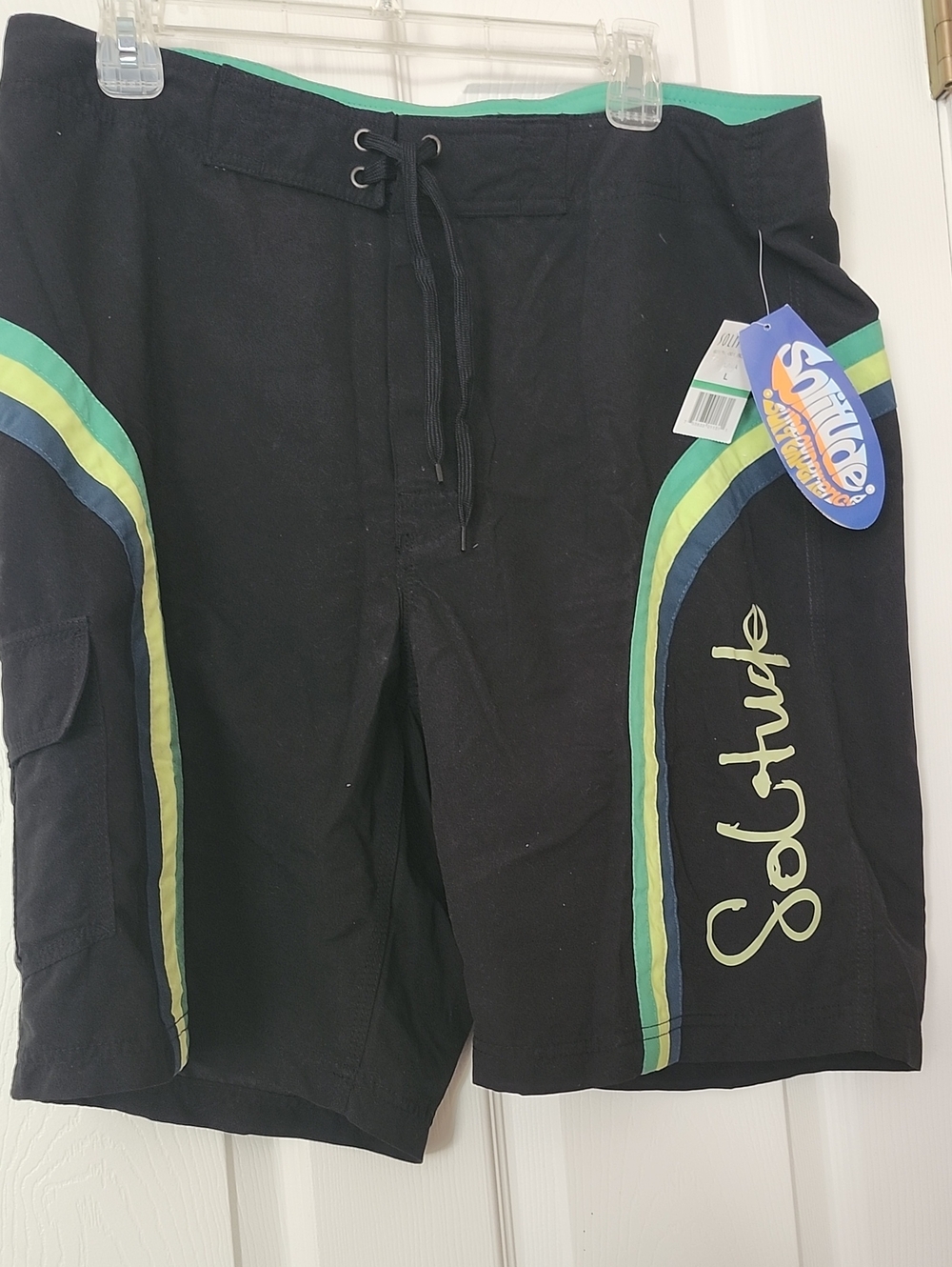 Solitude Black Men’s Swim Board Shorts with Green Stripe Accents